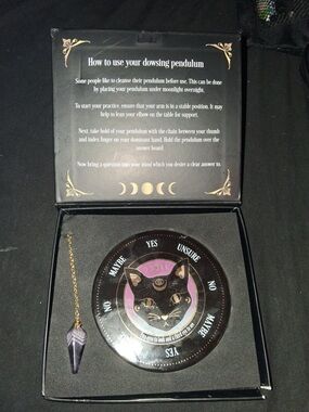 Mystic Cat Dowsing Pendulum Set in Black & Purple